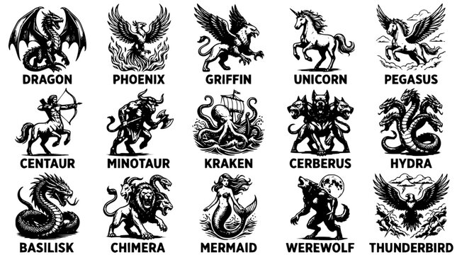 Mythical creatures vector illustrations with names in black and white