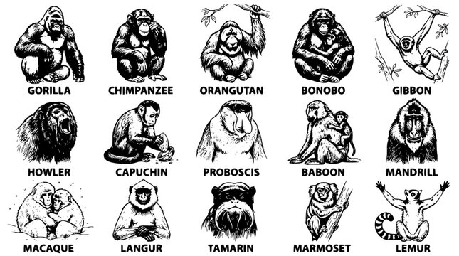 Various monkey and ape species in a vector graphic illustration