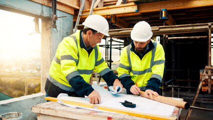 Architect, men and strategy with blueprint on site for design vision, building layout or renovation. Construction, team or meeting with floor plan outdoor for structural review, upgrade or compliance © peopleimages.com