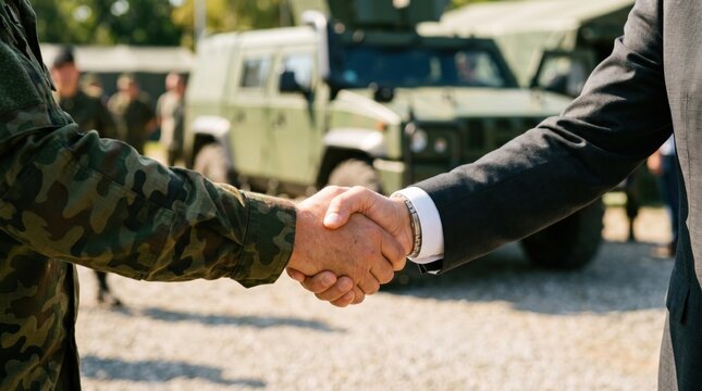 Handshake between military representative and business executive near armored vehicles. Defense cooperation, military procurement, security partnership, government contracts and strategic agreements