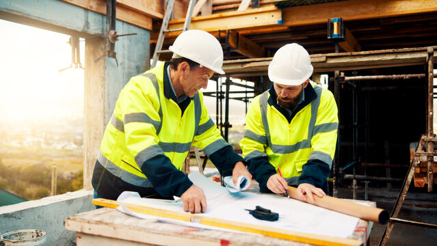 Architect, men and strategy with blueprint on site for design vision, building layout or renovation. Construction, team or meeting with floor plan outdoor for structural review, upgrade or compliance