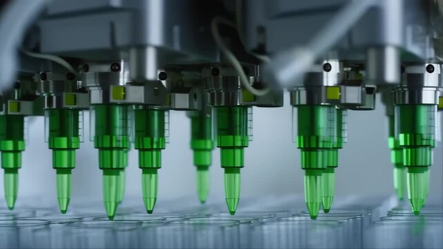 Microfluidic Pipette Tips with Green Translucent Reservoirs Dispensing Drops in Precision Laboratory Automation System