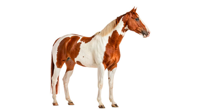 Beautiful brown and white pinto horse standing in full profile view on transparent background