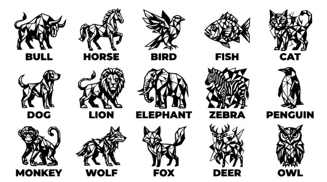 Black and white geometric animal designs with labels underneath each creature