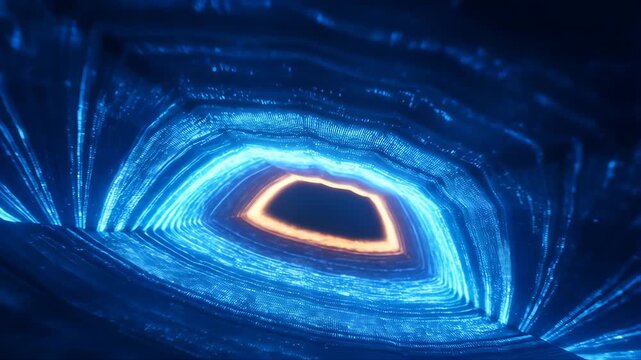 Eye-Shaped Portal to a Mysterious Black Hole with Vibrant Blue and Orange Light Emanating From Its Core, Surrounded by Glowing Particles.