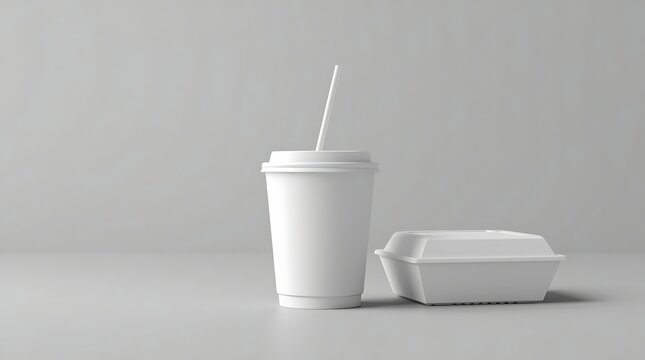 Minimalist composition featuring a white cup with a straw and a food container on a plain surface.