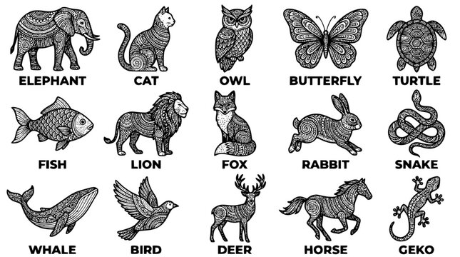 Black and white vector illustration of various animals with patterns