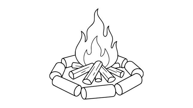 Campfire With Burning Logs and Flames Coloring Page Line Art Vector