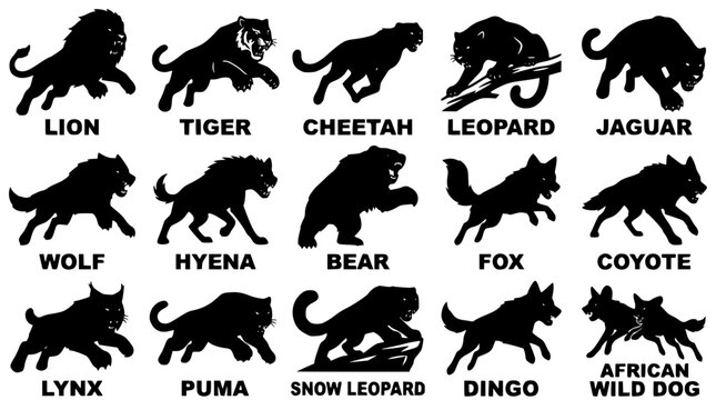 Collection of black silhouette illustrations of various wild animal species