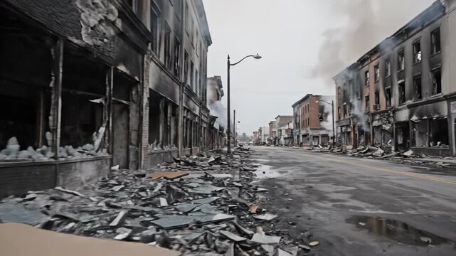 A view of the main street shows buildings damaged by fire with debris scattered across the road while smoke rises from charred structures within the neighborhood following a tragic urban