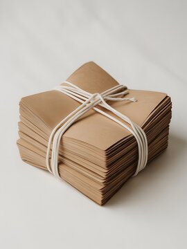 Stack of Brown Envelopes Tied with Twine on White Background