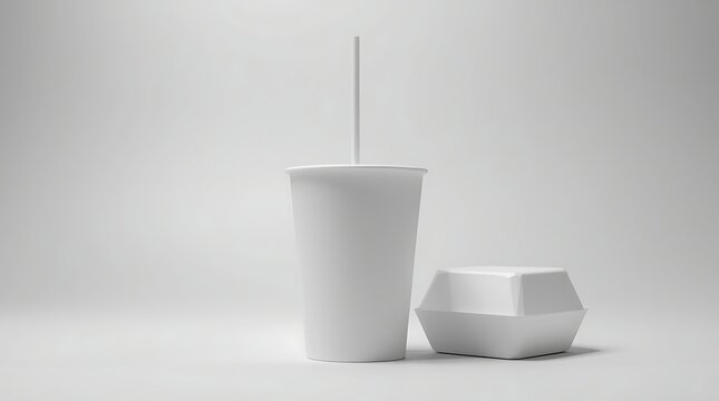 Minimalist monochrome image of a drink cup with a straw and a food container.