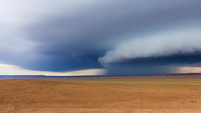 Storm Cloud Formation Over Open Plains, Dramatic Thunderstorm Sky with Rolling Shelf Clouds and Distant Lightning