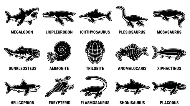 Black and white vector illustration of various prehistoric sea creatures