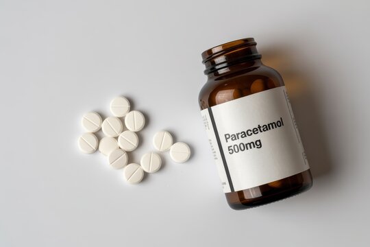 Bottle of paracetamol tablets isolated on white background