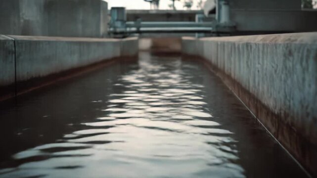 Water flowing downstream in a concrete channel, part of an industrial purification system and processing infrastructure for treatment and liquid waste