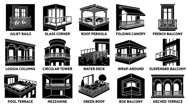 Various types of balconies and terraces in architectural designs shown