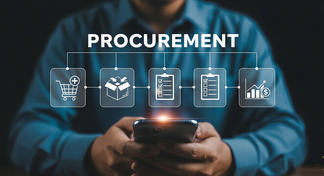 Procurement Process: A digital infographic visualizing the procurement lifecycle with icons for shopping, delivery, order, invoice, and analytics, overlaid on a person using a smartphone.