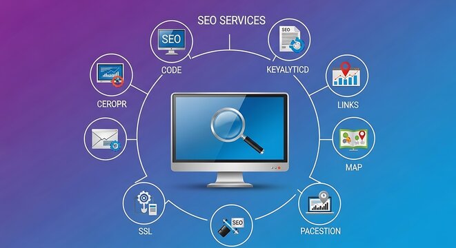 Computer monitor displays SEO services icons and magnifying glass on screen