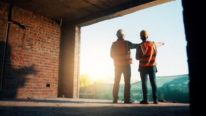 Fototapeta premium Back, people and engineer talking for construction, planning design and safety compliance. Men, meeting and pointing for quality assurance, building development and brainstorming for architecture