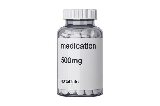 Medical pill bottle with 30 tablets 500mg isolated on white background