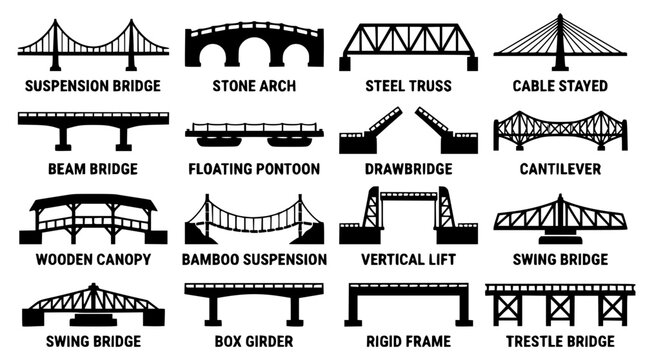 Various types of bridges illustrated in a vector graphic design