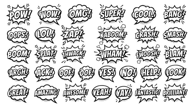 Various comic book style speech bubbles with exclamation words and phrases