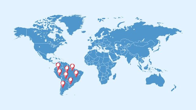 Animated world map with multiple red location pins popping up across South America