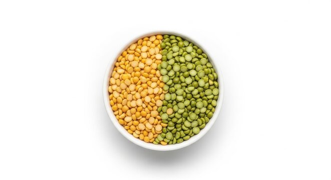 Dried split peas in ceramic bowl, yellow and green legumes for cooking, top view of organic pulse seeds for healthy soup recipes isolated on White Background