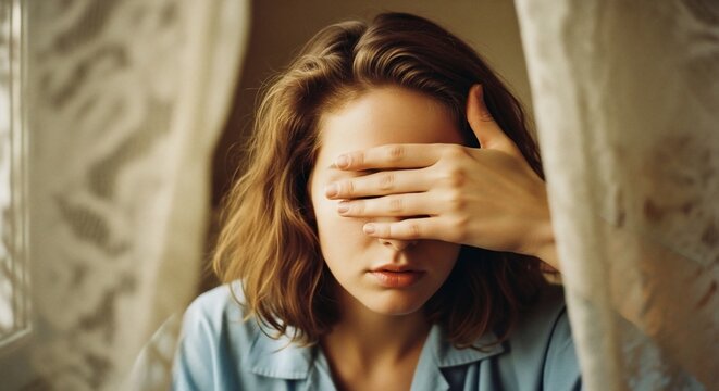Young woman covering her eyes with her hand indoors.
