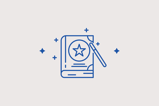Magic spell book with a wand line icon for fantasy games for wizard character progression. Useful vector illustration for gaming inventory screens, fantasy lore pages, or magic skill trees.