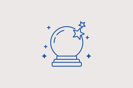 Magic crystal ball with stars line icon for wizard gameplay for fortune teller interfaces. Professional vector illustration for fantasy game stores, magic item selection, or sorcery menus.