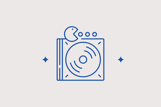 Compact disc inside retro game box line icon for software retail for vintage console gaming. Professional vector illustration for physical game collectors, retro stores, or disc media apps.