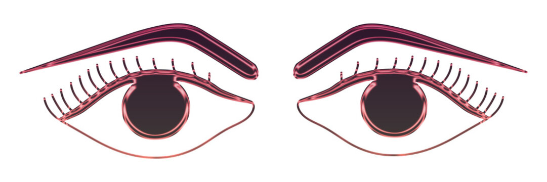 Stylized metallic pink eyes with eyelashes and eyebrows isolated on transparent background