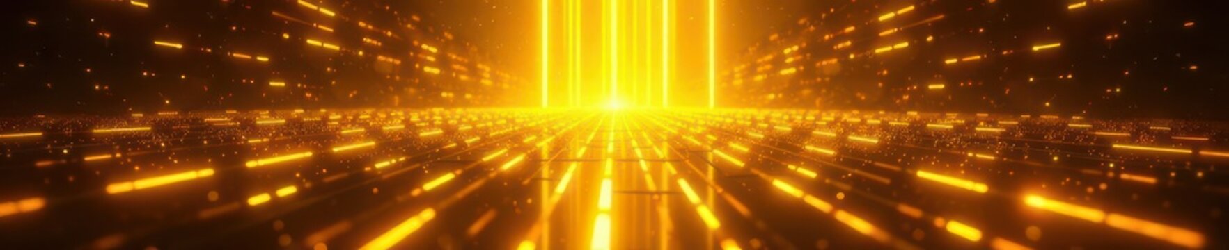 Complex interwoven yellow beams, radiating outward, intricate detail, optical, digital, bright