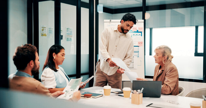 Finance, presentation or team in workplace with paper, budget analysis or brief on funding strategy. Meeting, people or data analyst with speaker, metric review or forecast plan in investment pitch.