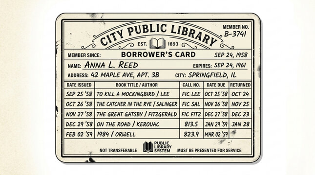 Vintage library card with handwritten borrower detsvgls and due date stamp in retro style