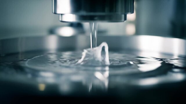Clear liquid pouring from a nozzle onto a reflective metal surface, creating ripples and drops, illustrating precision manufacturing process in an industrial environment