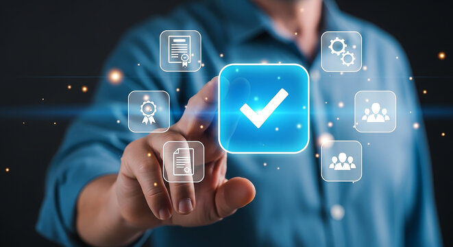 Quality Assurance Process: A man's hand touches a glowing screen displaying a checklist icon, signifying a commitment to quality and adherence to standards in business processes.