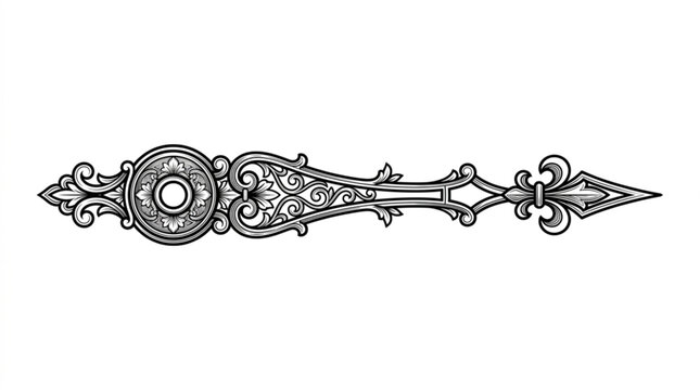 Vintage ornate clock hand illustration in intricate black and white line art design