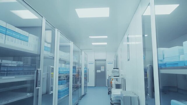 Modern medical facility corridor with rows of sterile storage units containing supplies and equipment, creating a clean and organized healthcare environment