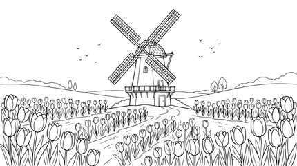 Fototapeta premium Coloring Page of a Dutch Windmill in a Tulip Field Landscape