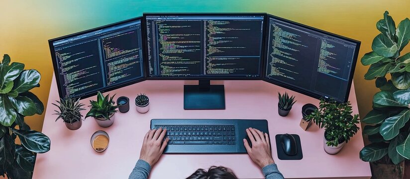 Software Developer Working on Triple Monitor Setup at Desk