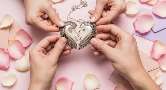 Hands holding heart shaped locket together.
