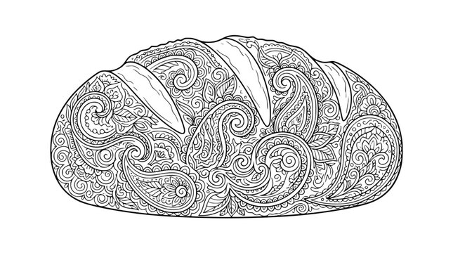 Intricate Bread Loaf Coloring Page with Floral Paisley Patterns