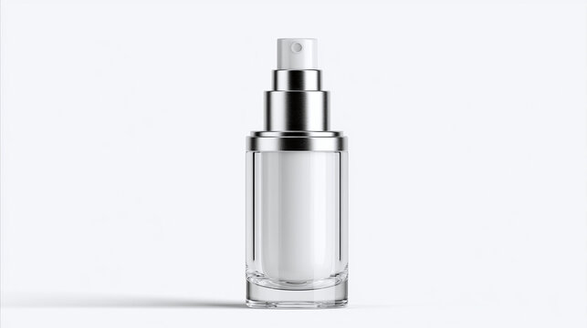 A clear cosmetic pump bottle with a silver cap containing a white serum stands elegantly isolated on a clean white background, ready for beauty product branding or display