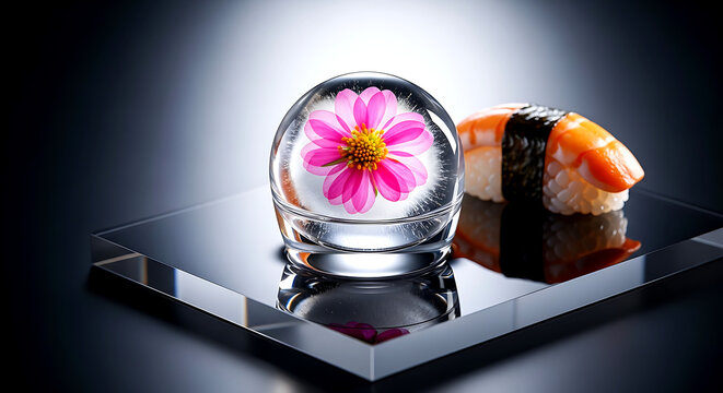 a crystal-clear, spherical ice encapsulating a single perfect flower of pickled ginger (gari), beside a piece of sushi 