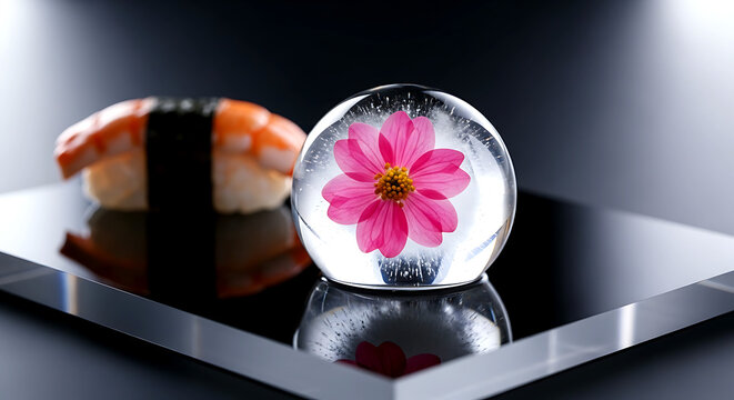 a crystal-clear, spherical ice encapsulating a single perfect flower of pickled ginger (gari), beside a piece of sushi 
