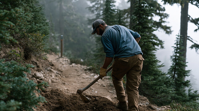 Wilderness trail maintenance volunteer uses a rogue hoe to redirect water drainage across an eroded path in a conifer forest, alone on a fog-layered stretch of trail, work gloves worn thin, a mileag