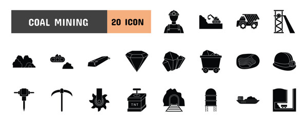 Naklejka premium 20 Coal Mining Glyph Icon Illustration Set